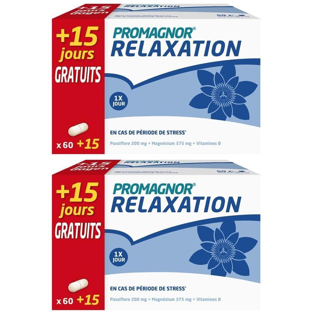 Deux boîtes de Promagnor Relaxation. Sur chaque boîte, "+15 jours gratuits" et "x 60 + 15" sont visibles.