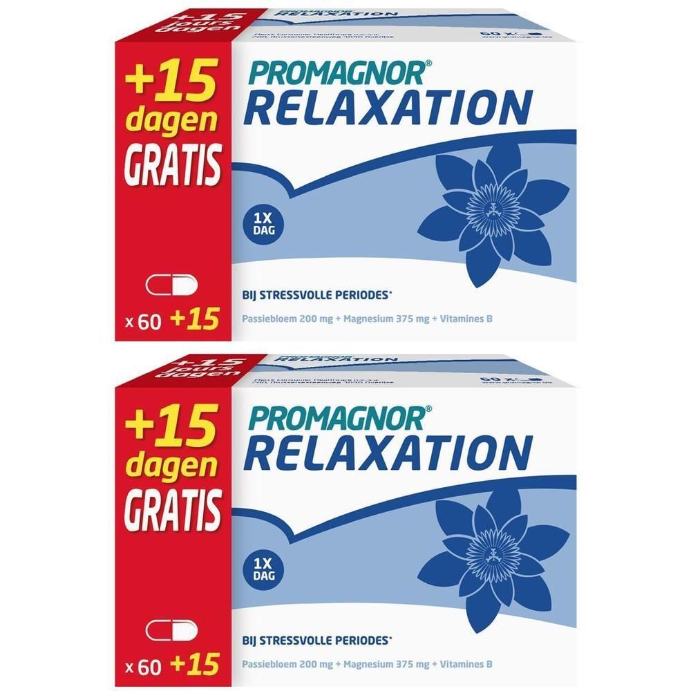 Twee dozen Promagnor Relaxation. Op elke doos staat "+15 dagen gratis" en "x 60 + 15".