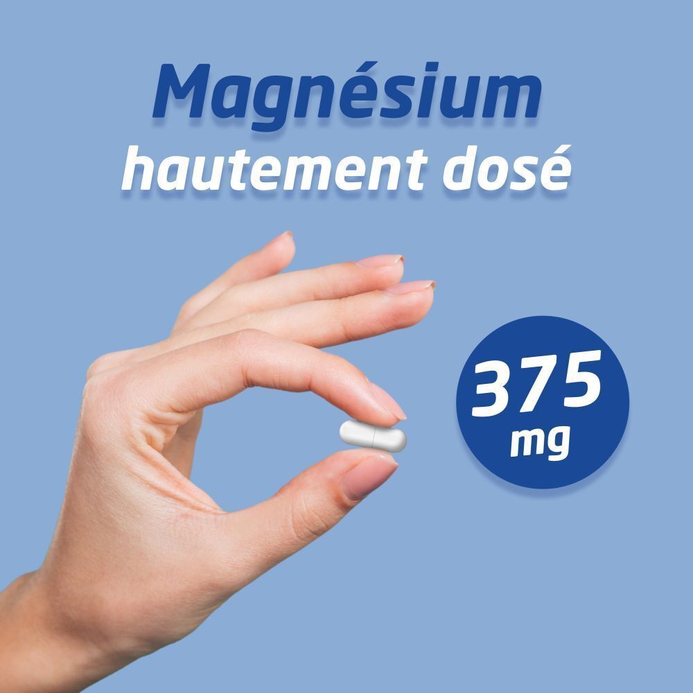 Une main tient une gélule blanche. À côté, "Magnésium hautement dosé" et "375 mg" dans un cercle.