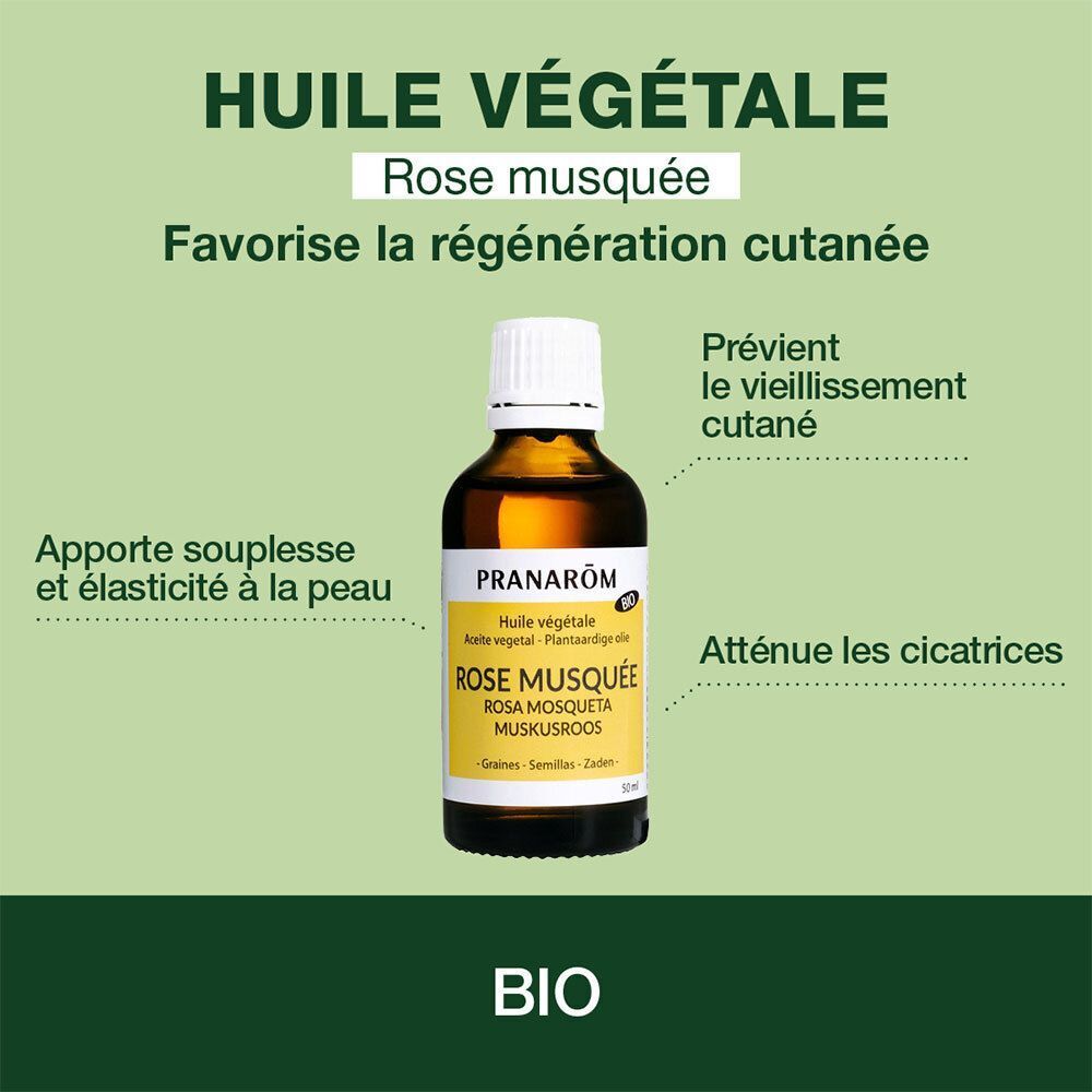 Flacon de produit avec étiquette jaune. Texte: Huile Végétale Rose Musquée, Pranarôm. Certification Bio.
