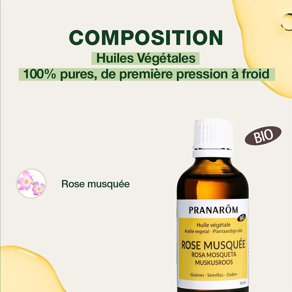 Flacon de produit avec étiquette jaune. Texte: Huiles Végétales, Rose Musquée, Pranarôm. Certification Bio.