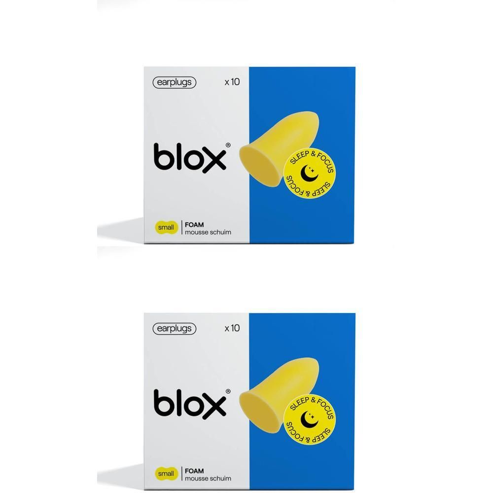 Deux boîtes de bouchons d'oreille jaunes. L'emballage porte la marque "blox" et "small". Emballage bleu et blanc avec un bouchon d'oreille jaune.