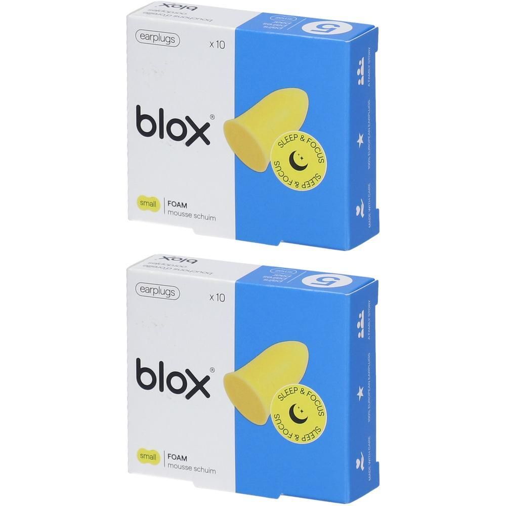 Twee pakken blox® schuim oordopjes, klein, geel.