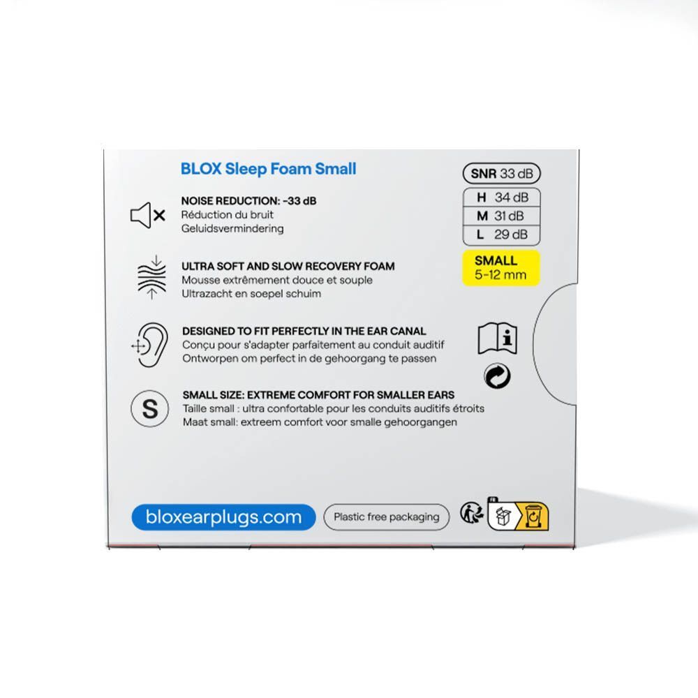 Dos de l'emballage avec des informations. Texte en plusieurs langues. Zone jaune avec "SMALL 5-12 mm".