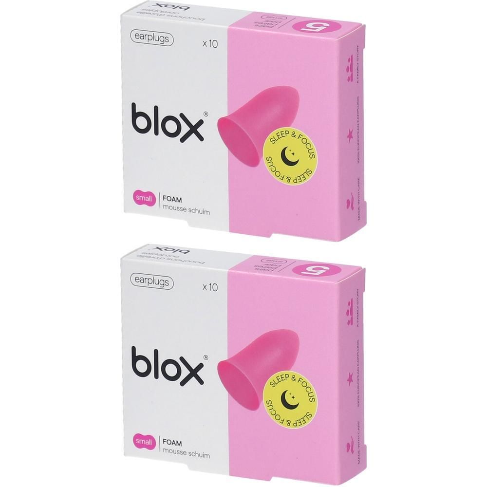 Twee pakken blox® schuim oordopjes, klein, roze.