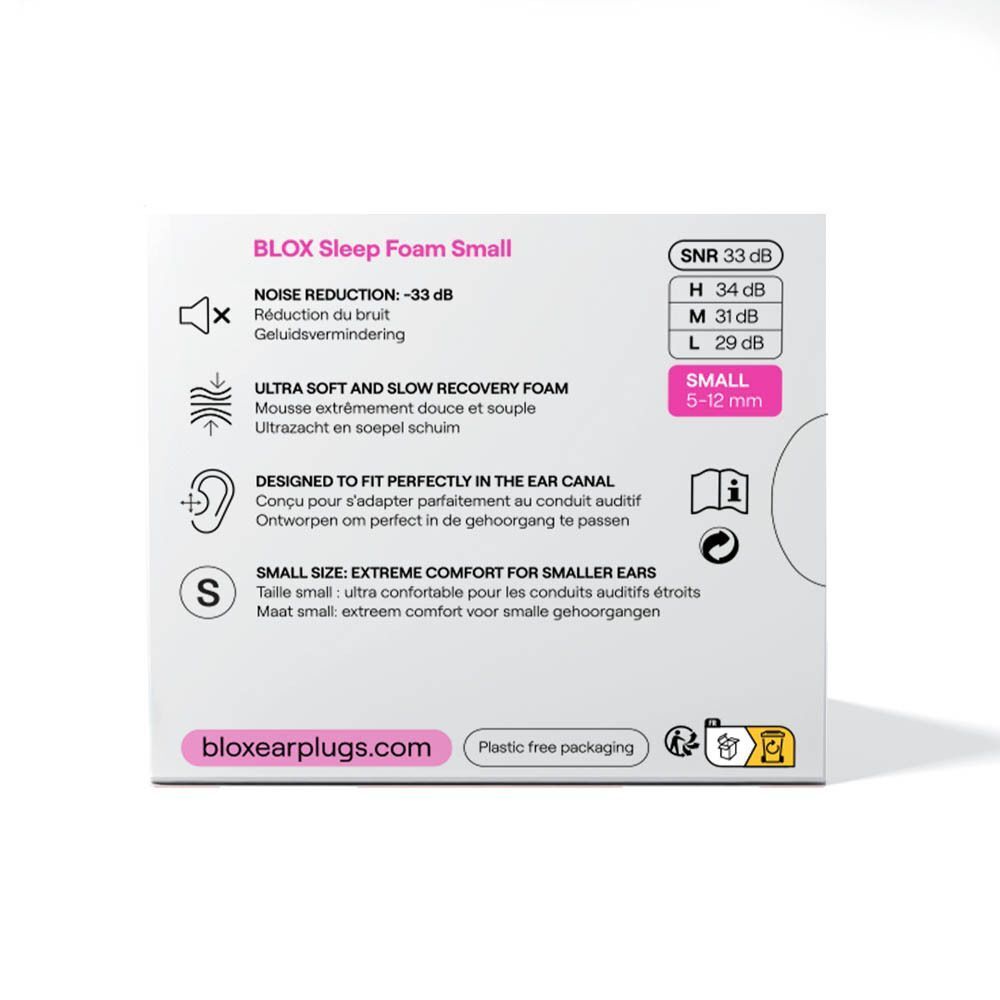 Achterkant van de verpakking met informatie. Tekst: "bloxearplugs.com", "Noise Reduction -33 dB", "SMALL 5-12 mm".
