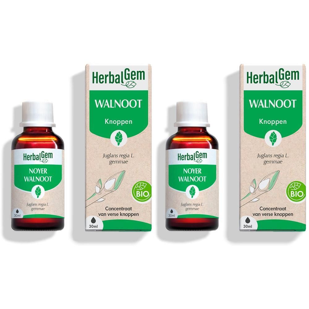 Drie flessen en verpakkingen van HerbalGem Walnoot Bio. Flessen met witte dop, verpakking met groen logo.