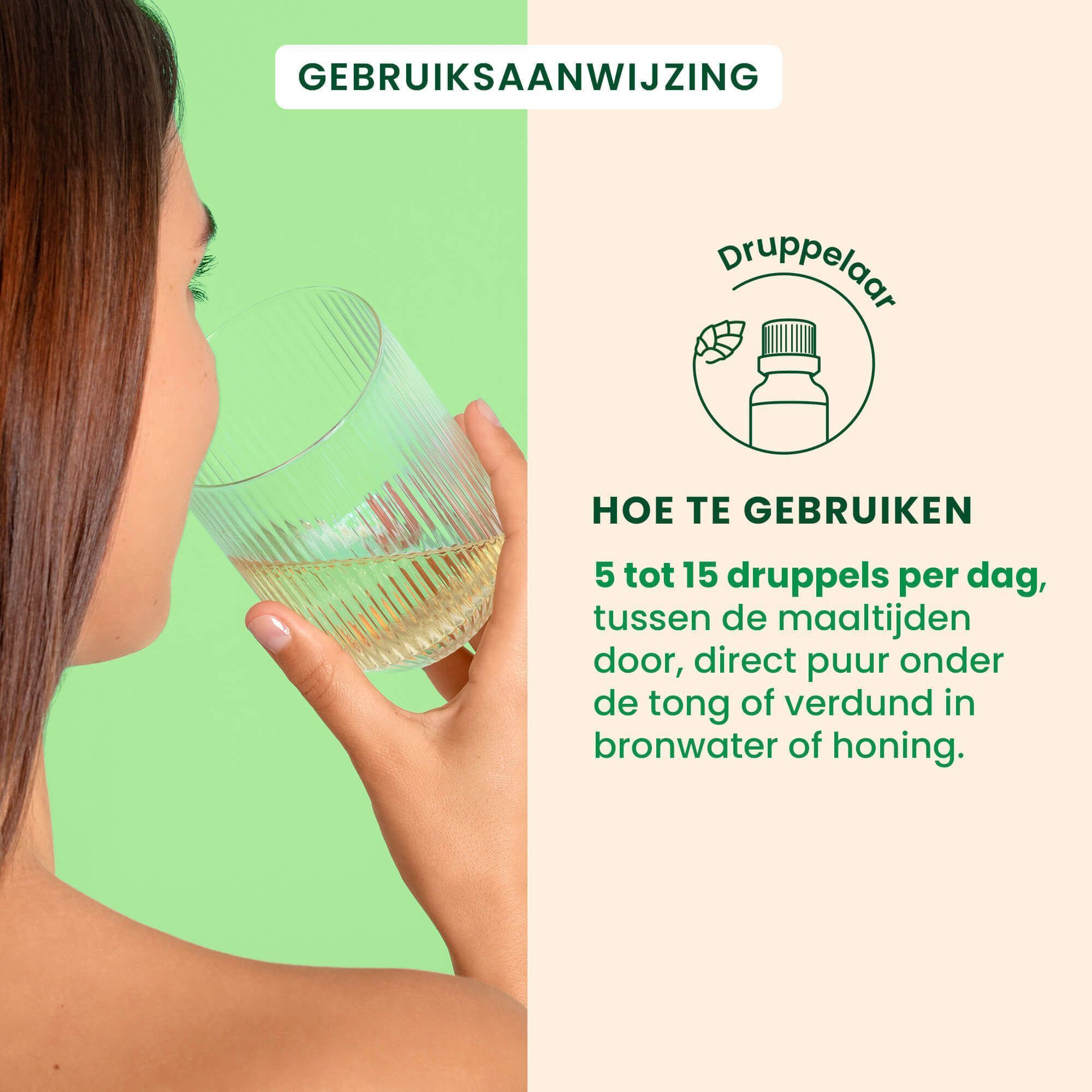 Een hand houdt een glas met vloeistof vast. Tekst: Gebruiksaanwijzing. Druppelaar-symbool.