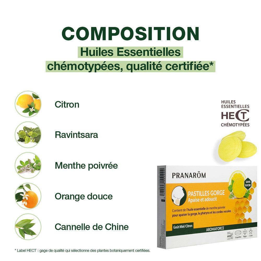 Liste des ingrédients : Citron, Ravintsara, Menthe poivrée, Orange douce, Cannelle de Chine. Emballage produit en arrière-plan.