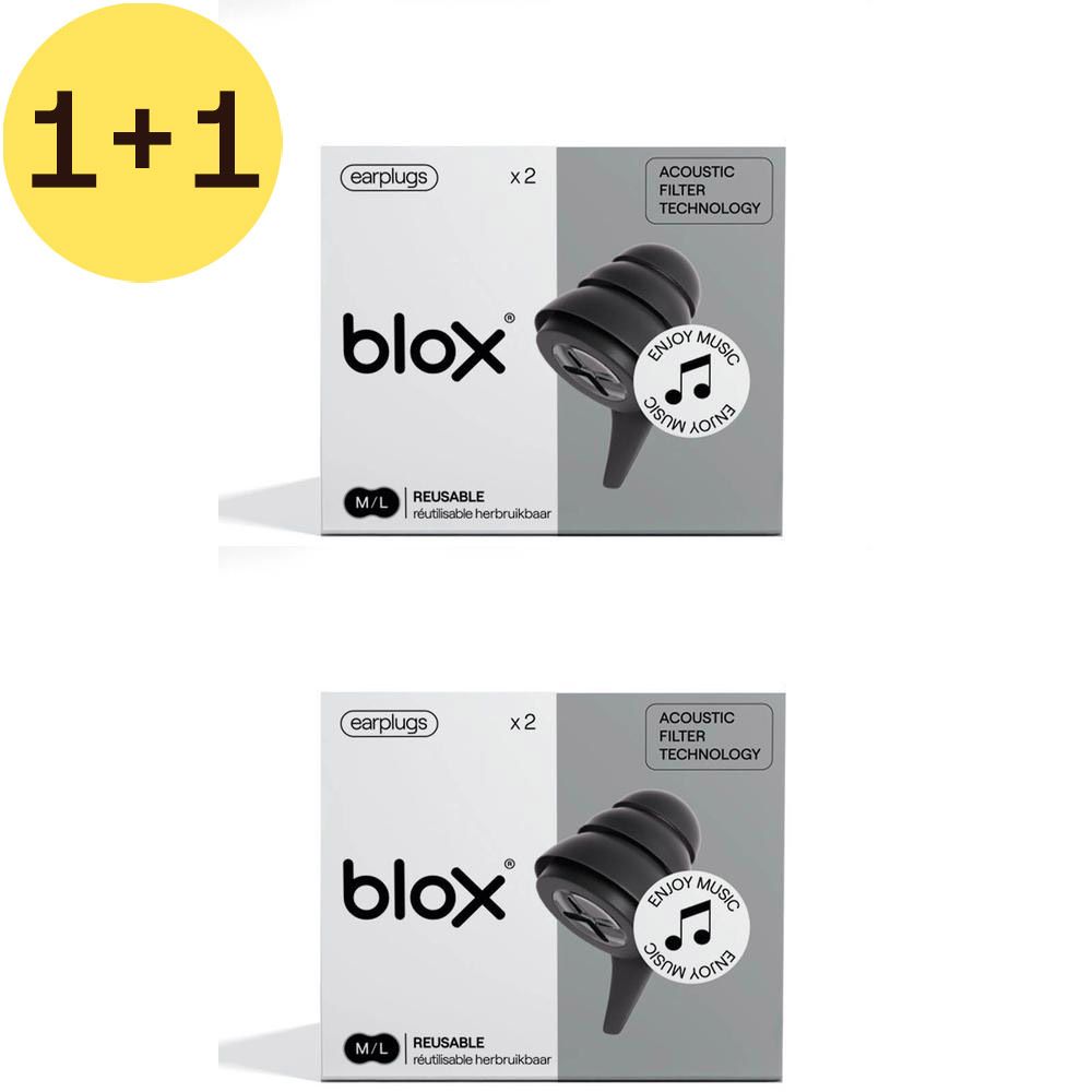 Deux boîtes de bouchons d'oreille noirs. Inscription : blox, earplugs, x2, Acoustic Filter Technology. M/L, réutilisable.