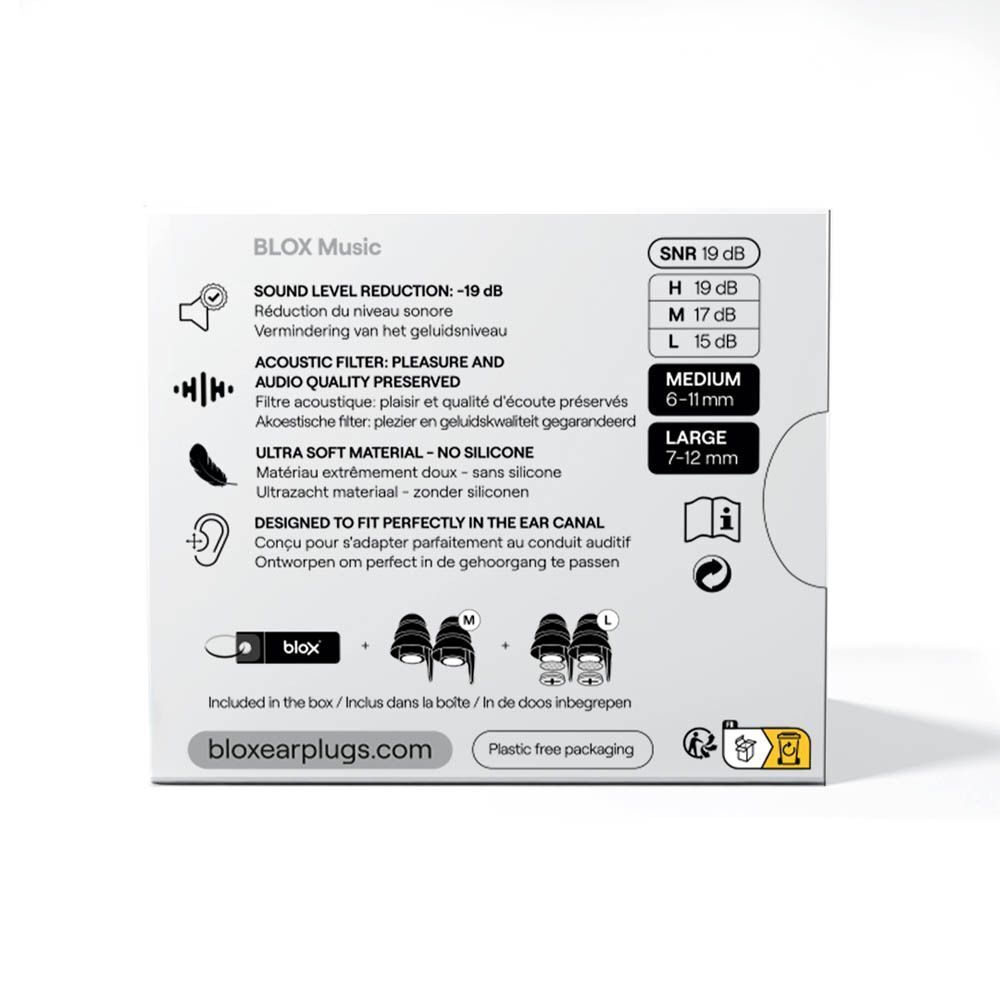 Dos de l'emballage avec informations. Inscription : blox, SNR 19 dB, Medium 6-11mm, Large 7-12mm, bloxearplugs.com.