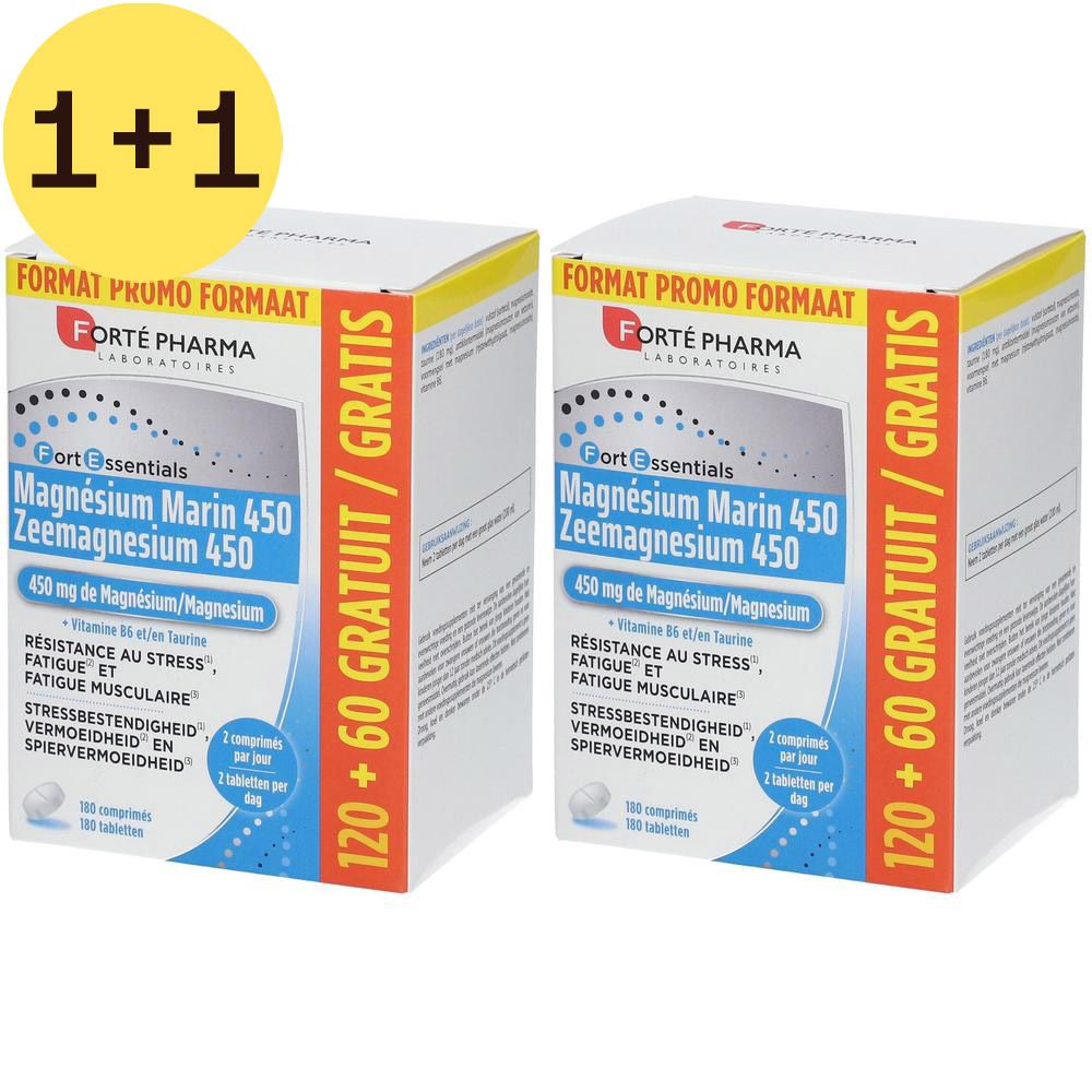 Deux boîtes de produit. Inscription: Forté Pharma, Magnésium Marin 450, 120+60 GRATUIT. Emballage bleu et blanc.