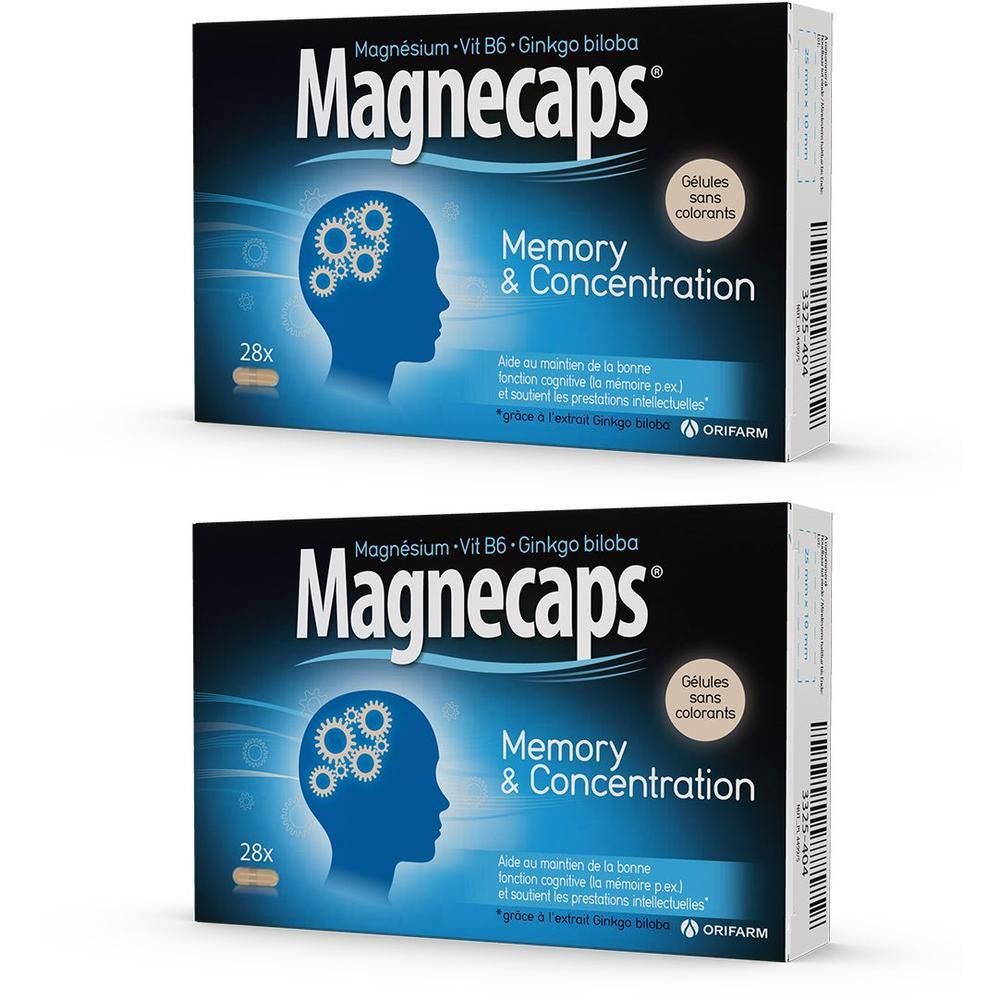 Deux boîtes de Magnecaps Memory & Concentration. Emballage bleu avec nom du produit et illustration de cerveau.