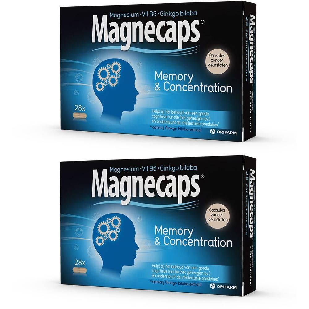 Twee dozen Magnecaps Memory & Concentration. Blauwe verpakking met productnaam en illustratie van een brein.