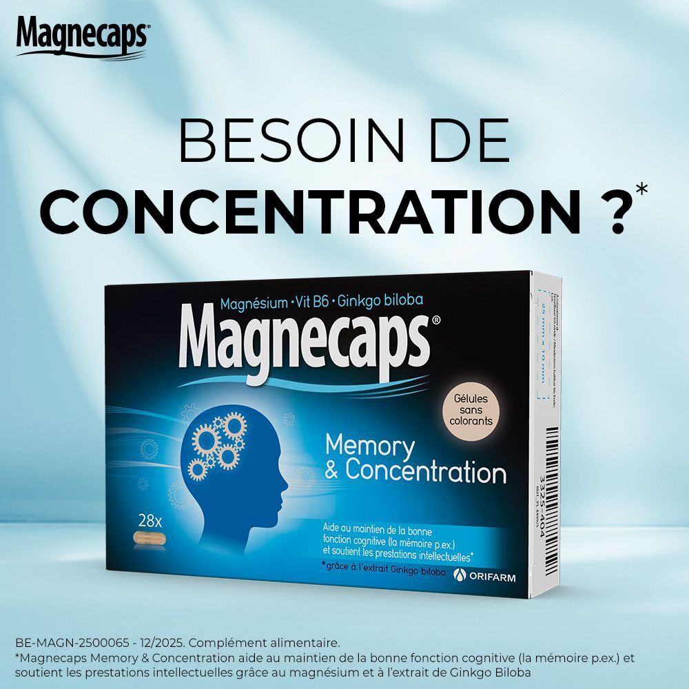 Magnecaps Memory & Concentration. Emballage bleu avec nom du produit et illustration de cerveau. Texte : Besoin de concentration ?