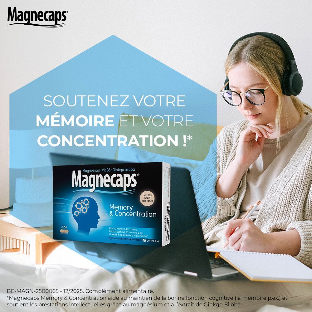 Magnecaps Memory & Concentration. Emballage bleu avec nom du produit et illustration de cerveau. Femme avec ordinateur portable.