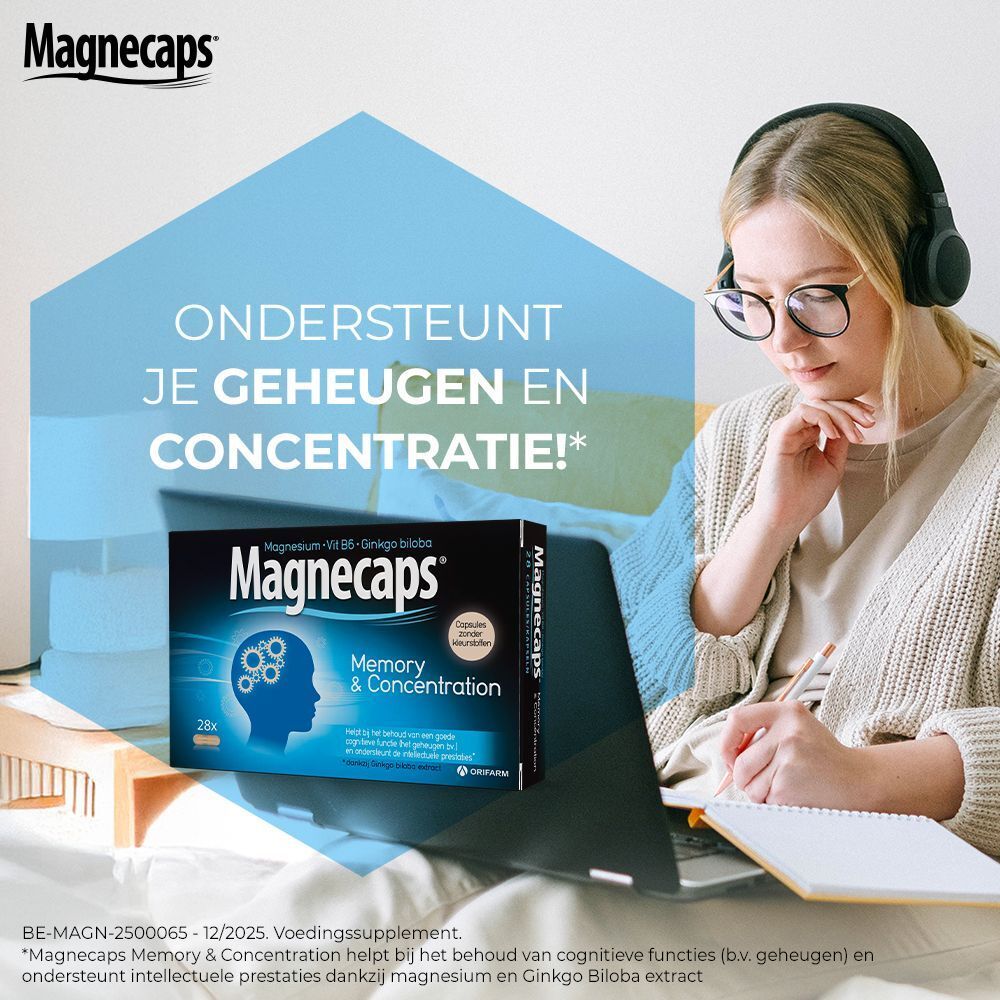 Magnecaps Memory & Concentration. Blauwe verpakking met productnaam en illustratie van een brein. Vrouw met laptop.