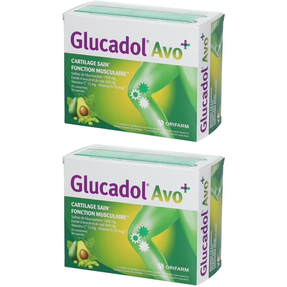Twee dozen met de productnaam Glucadol Avo+. Opschrift: CARTILAGE SAIN FONCTION MUSCULAIRE. Groen-wit ontwerp met avocado-illustratie.