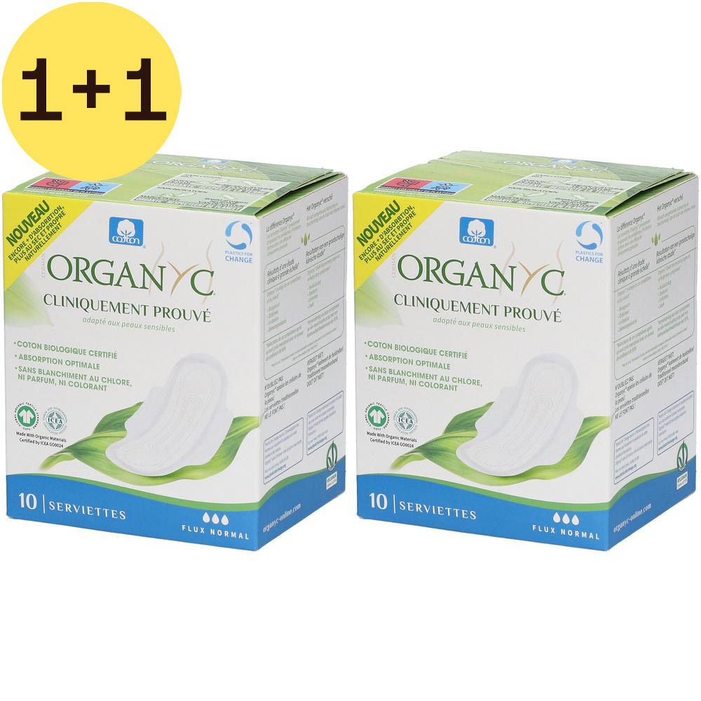 Twee dozen Organyc maandverband. Opschrift « Cliniquement Prouvé ». 10 stuks, « Flux Normal ». Groen-wit design met productafbeelding.