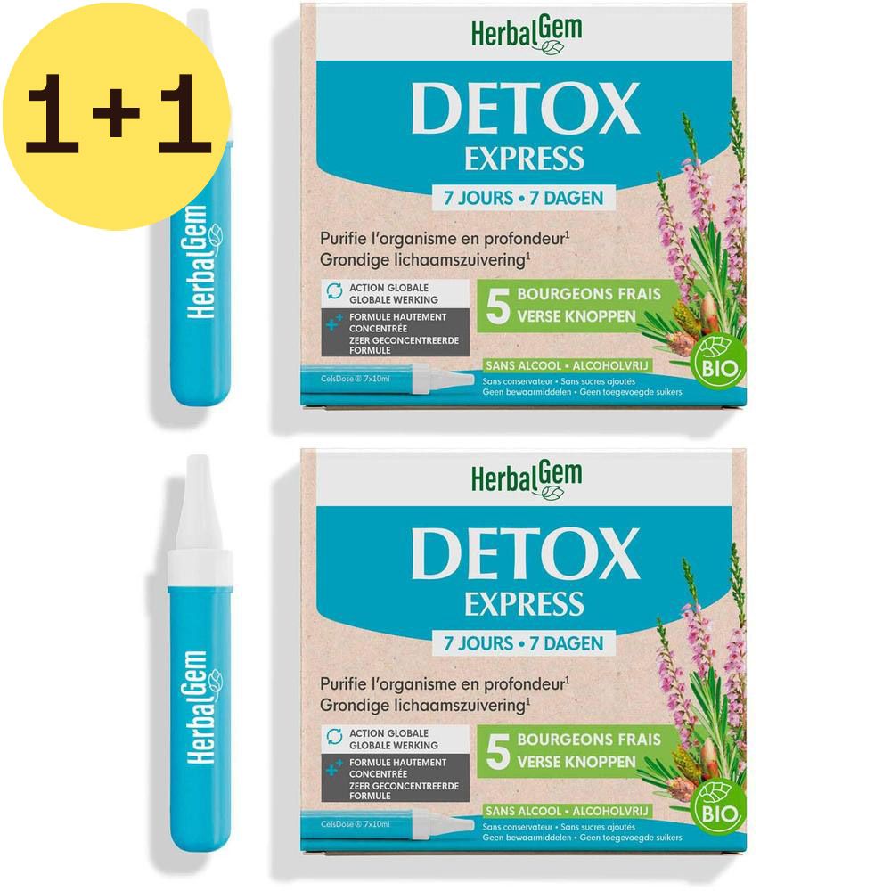 Twee blauwe flesjes en twee dozen met Detox Express en HerbalGem.