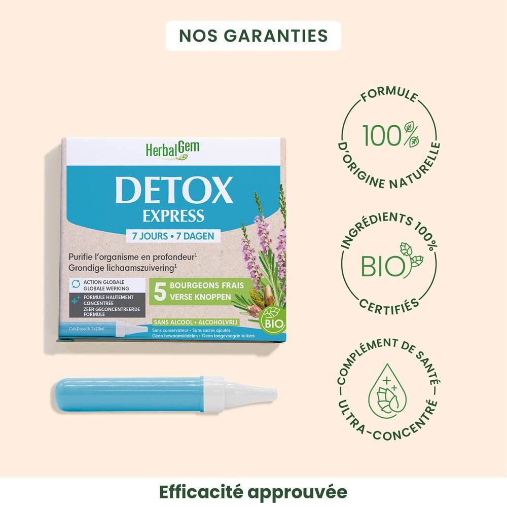 Boîte Detox Express, monodose bleue, logos : ingrédients 100% naturels, certification bio.