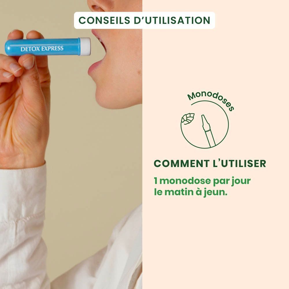 Personne buvant une monodose bleue. Texte : Comment l'utiliser : 1 monodose par jour.