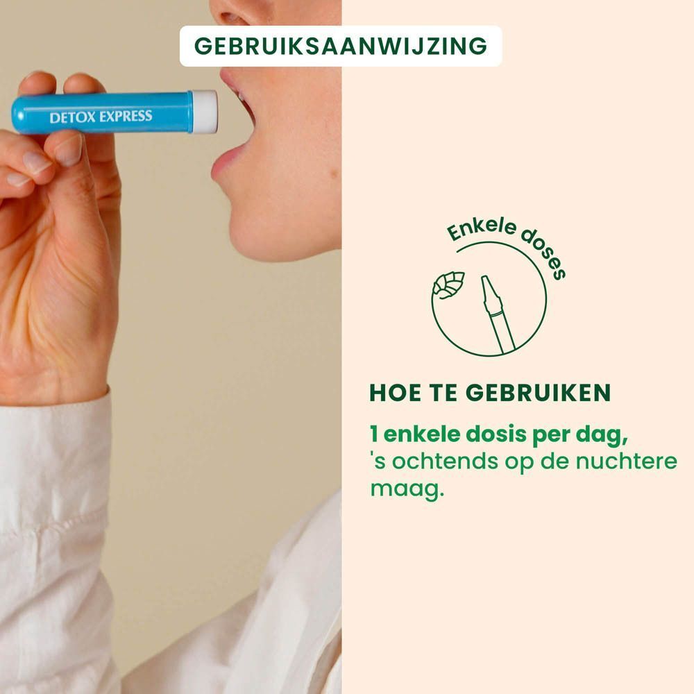 Persoon drinkt uit een blauwe monodosis. Tekst: Hoe te gebruiken: 1 enkele dosis per dag.