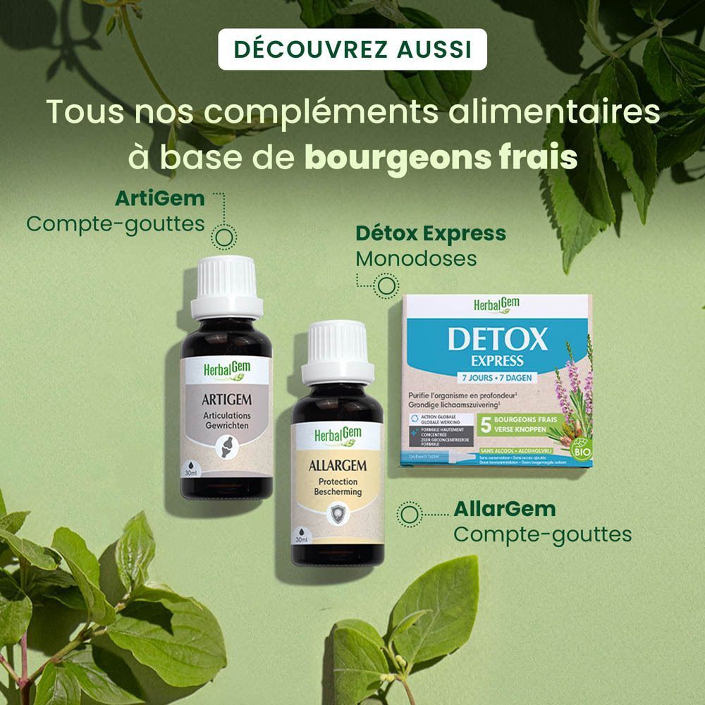 Trois flacons : Artigem, Allargem, Detox Express. Texte : Tous nos compléments alimentaires à base de bourgeons frais.