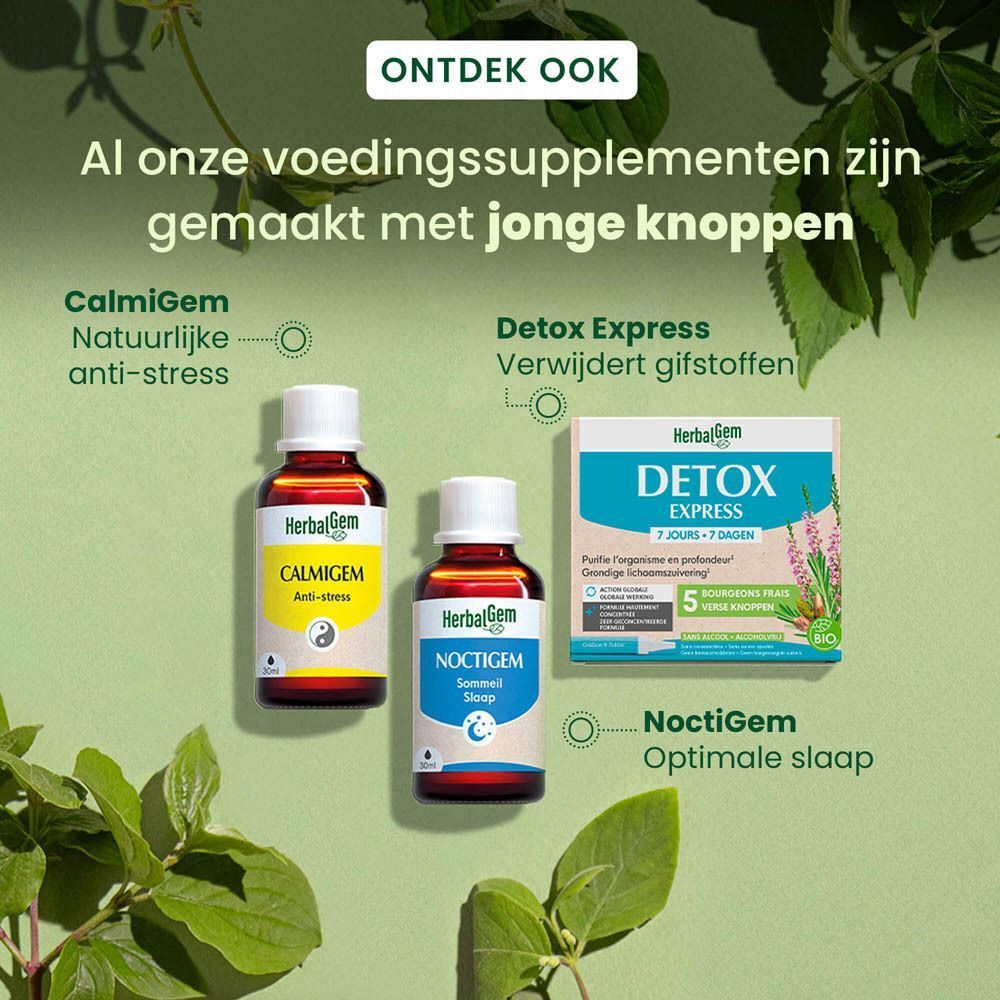 Drie flessen: Calmigem, Noctigem, Detox Express. Tekst: Al onze voedingssupplementen zijn gemaakt met jonge knoppen.