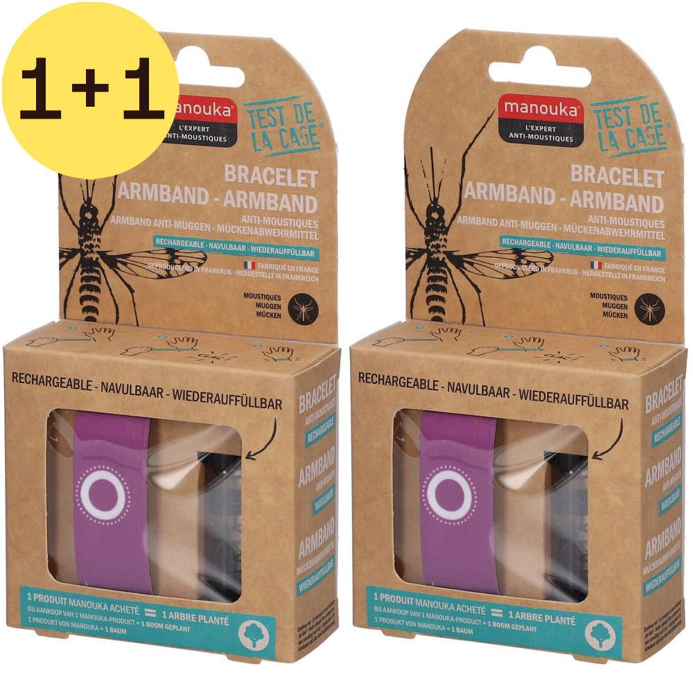 Deux bracelets anti-moustiques Manouka violets dans leur emballage. Rechargeable. Texte en français, néerlandais et allemand.
