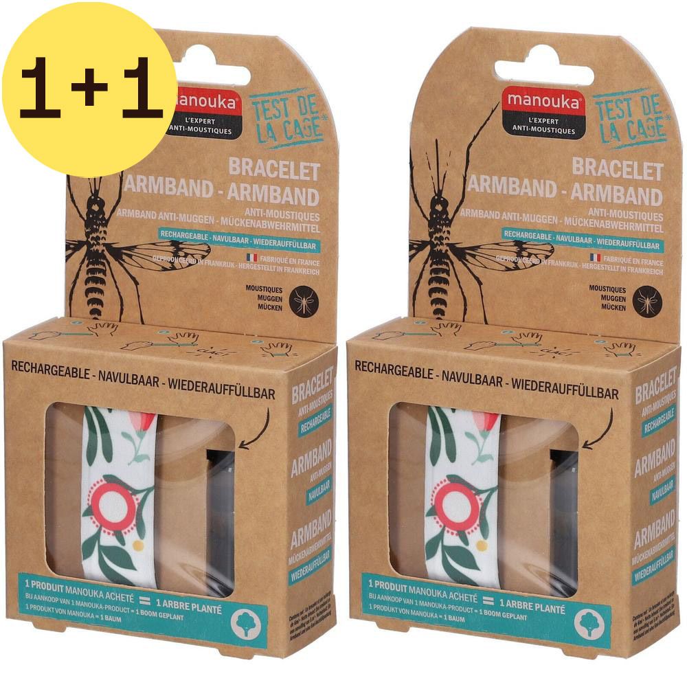 Deux bracelets anti-moustiques dans des boîtes en carton. Texte: "1+1 GRATUIT". Inscription: "BRACELET ARMBAND". Rechargeable.