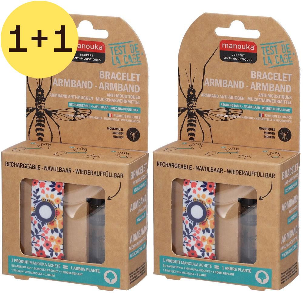 Deux boîtes de bracelets anti-moustiques MANOUKA. Rechargeable. Bracelet à motifs floraux visible. Texte: ARMBAND, TEST DE LA CASE.