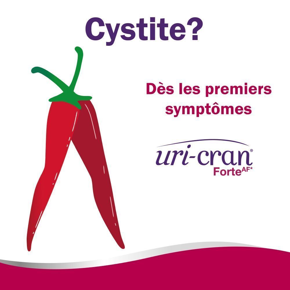 Illustration de piments rouges avec des jambes. Texte: Cystite? Dès les premiers symptômes. Logo Uri-Cran Forte.