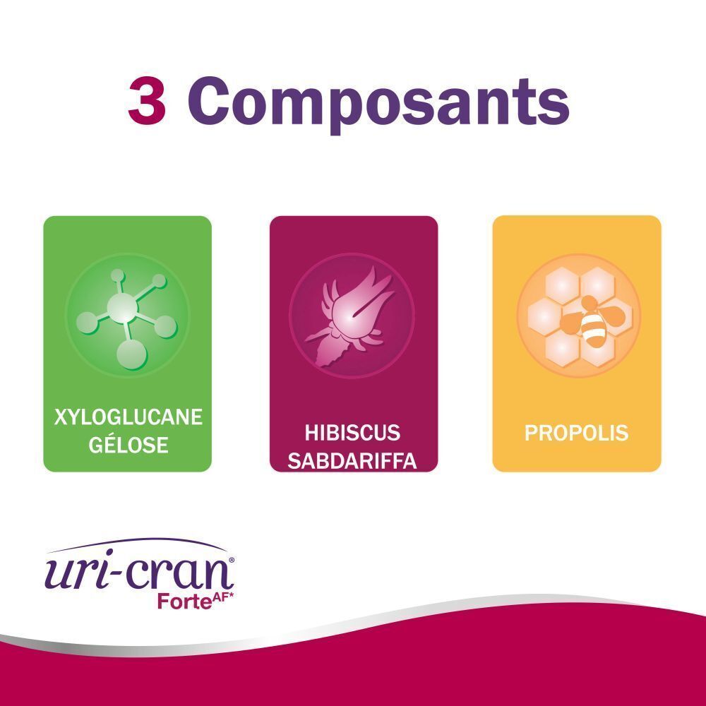 Trois tuiles colorées avec ingrédients: Xyloglucane, Hibiscus, Propolis. Texte: 3 Composants. Logo Uri-Cran Forte.