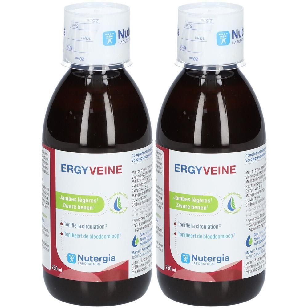 Deux flacons ERGYVEINE. Inscription : Jambes légères, Zware benen. Marque : Nutergia Laboratoire. Flacons de liquide brun.
