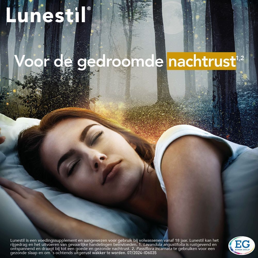 Vrouw slaapt vredig in bos. Tekst: Voor de gedroomde nachtrust. Logo Lunestil en EG.