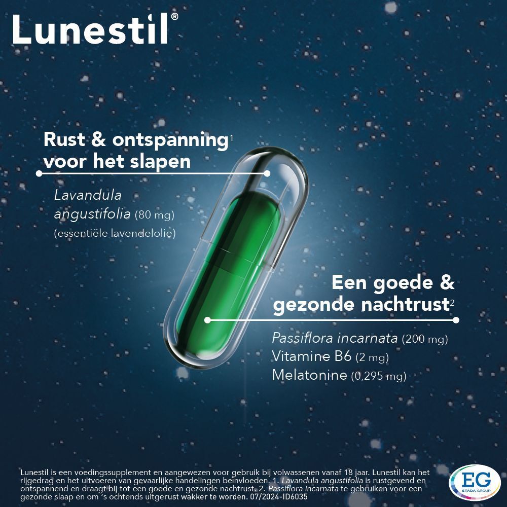 Capsule met ingrediënten: Lavandula, Passiflora, Vitamine B6, Melatonine. Tekst: Rust & ontspanning voor het slapen. Logo Lunestil en EG.