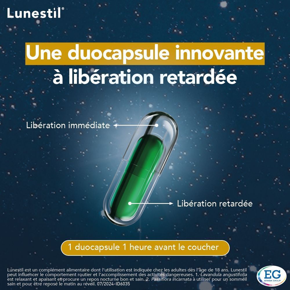 Duocapsule à libération prolongée. Texte : Une duocapsule innovante à libération retardée. Logo Lunestil et EG.