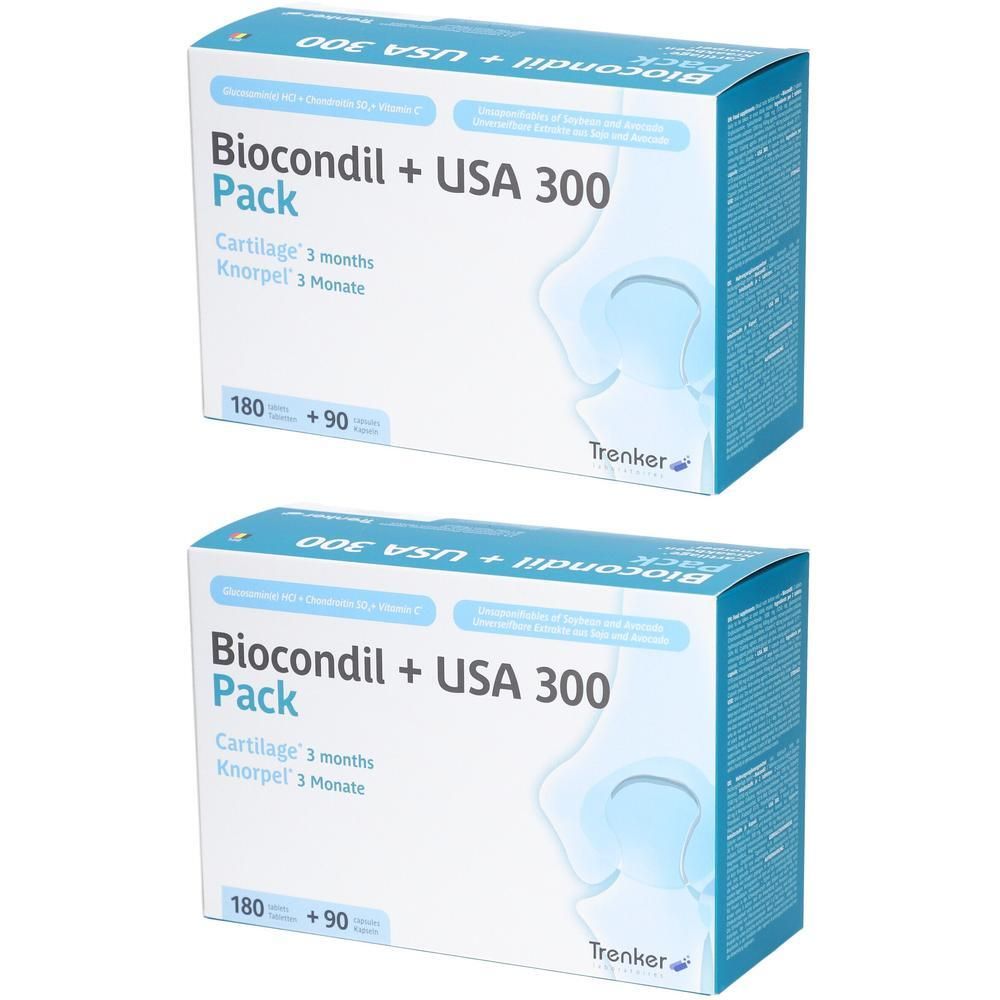 Twee dozen Biocondil + USA 300 Pack. Blauw-witte verpakking met productinformatie en Trenker-logo. Bevat 180 + 90 eenheden.