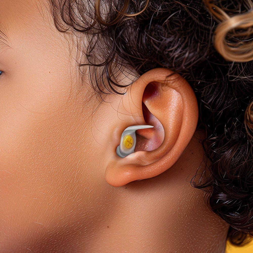 Un bouchon d'oreille inséré dans l'oreille d'une personne. Élément jaune visible.