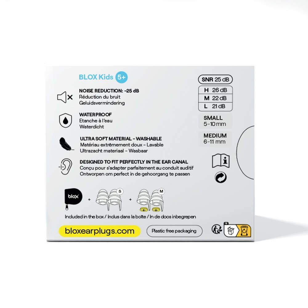 Dos de l'emballage avec informations produit, tailles et logo.