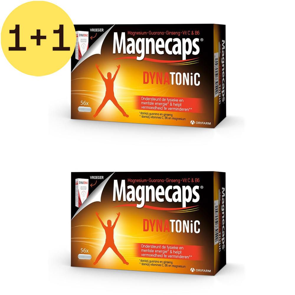 Twee dozen MAGNECAPS Dynatonic. Zwarte verpakking met logo en tekst. Bevat 56 capsules.