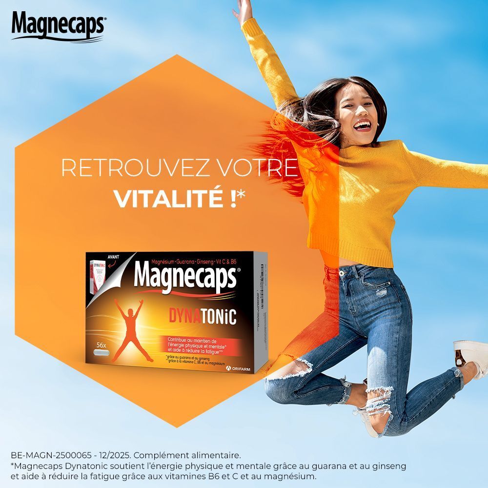 Boîte de MAGNECAPS Dynatonic sur fond orange. Texte : « Retrouvez votre vitalité ! » Contient 56 gélules.