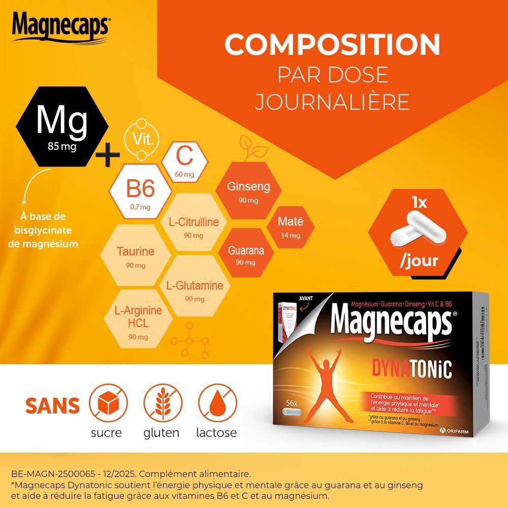 Composition de MAGNECAPS Dynatonic. Contient magnésium, vitamines, ginseng, guarana. 1 gélule par jour.