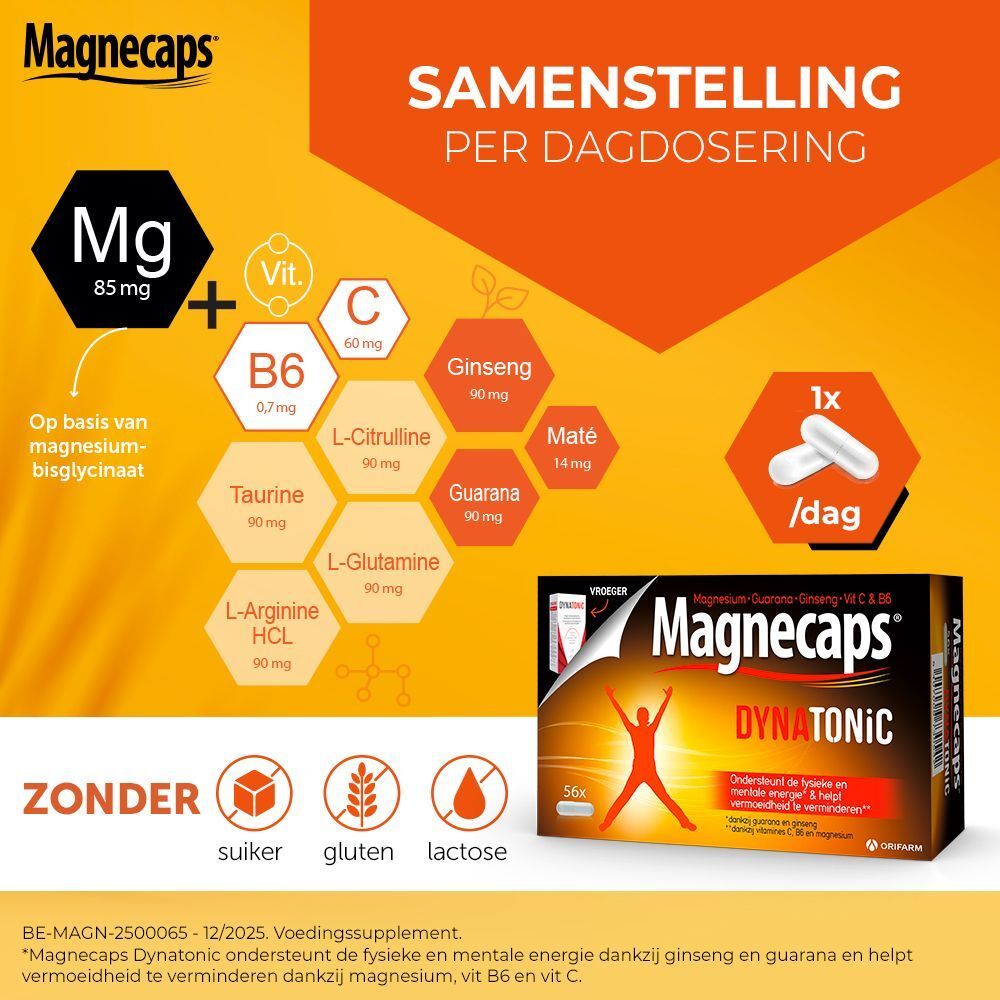 Samenstelling van MAGNECAPS Dynatonic. Bevat magnesium, vitaminen, ginseng, guarana. 1 capsule per dag.