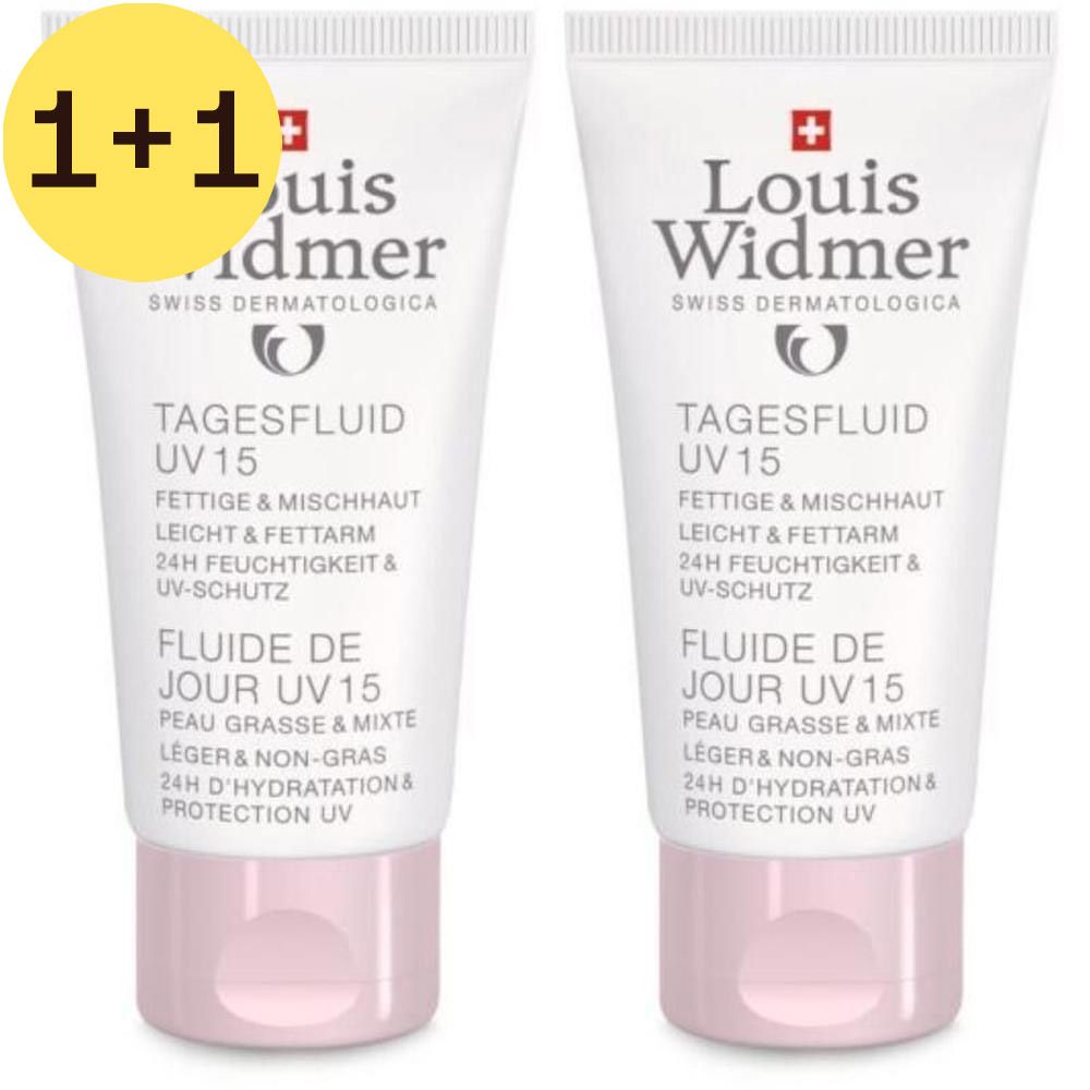 Twee tubes Louis Widmer Dagfluid UV15. Wit, roze dop. Opschrift: Dagfluid UV15, voor vette huid, 24u hydratatie.