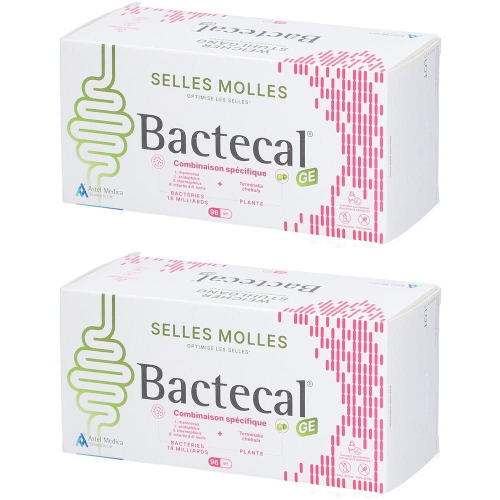 Deux boîtes blanches "Bactecal". Inscriptions : "SELLES MOLLES", illustration verte d'intestin, motif rose, "Combinaison spécifique".