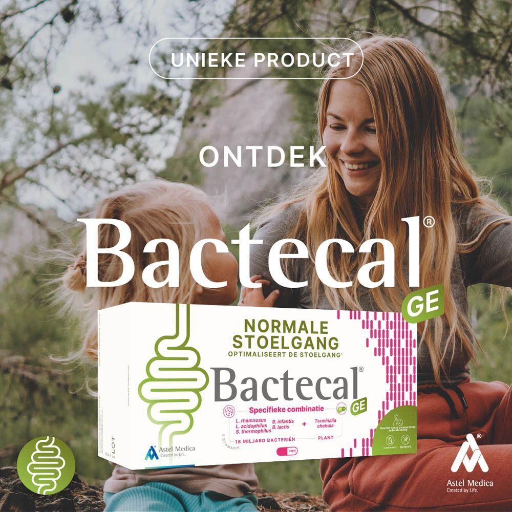 Pak Bactecal GE voor een gezin tijdens het wandelen. Tekst: 'Ontdek Bactecal GE'.