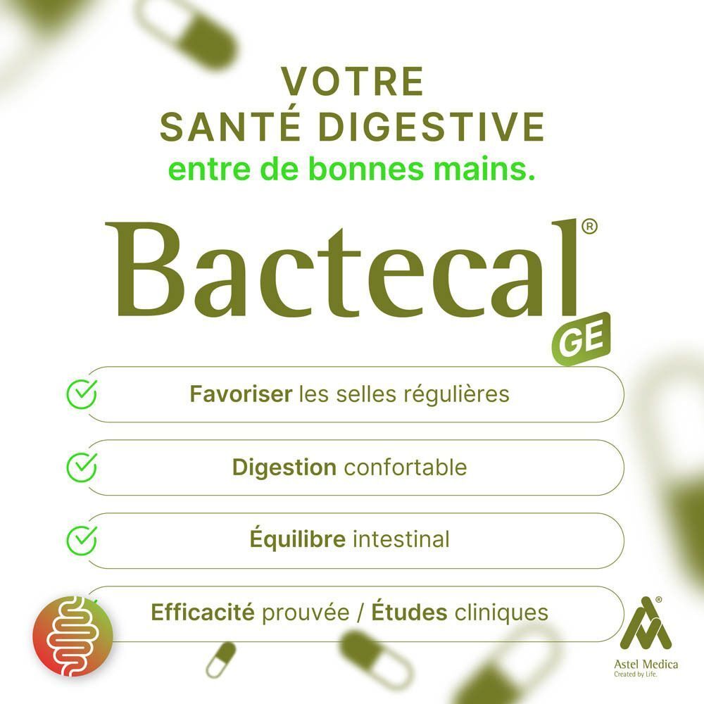 Bactecal GE avec liste d'avantages : selles régulières, digestion, équilibre intestinal.