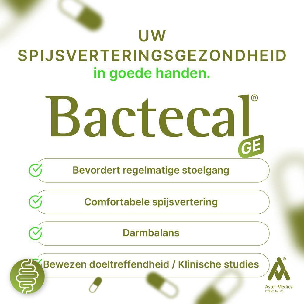 Bactecal GE met lijst van voordelen: Regelmatige stoelgang, spijsvertering, darmbalans.